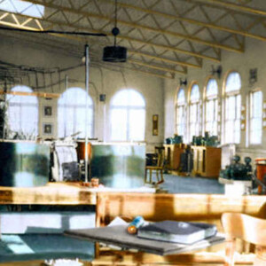 A colorized version of inside the lab. Notice the arched windows.